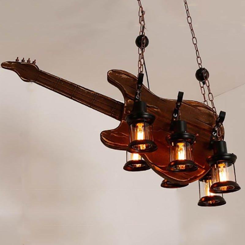 Contemporary Creative Guitar Shape Solid Wood Iron 6 - Light Chandelier For Dining Room