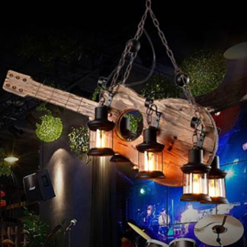 Contemporary Creative Guitar Shape Solid Wood Iron 6 - Light Chandelier For Dining Room