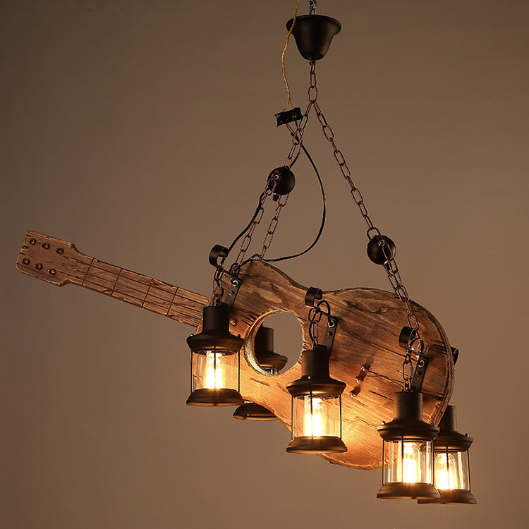 Contemporary Creative Guitar Shape Solid Wood Iron 6 - Light Chandelier For Dining Room