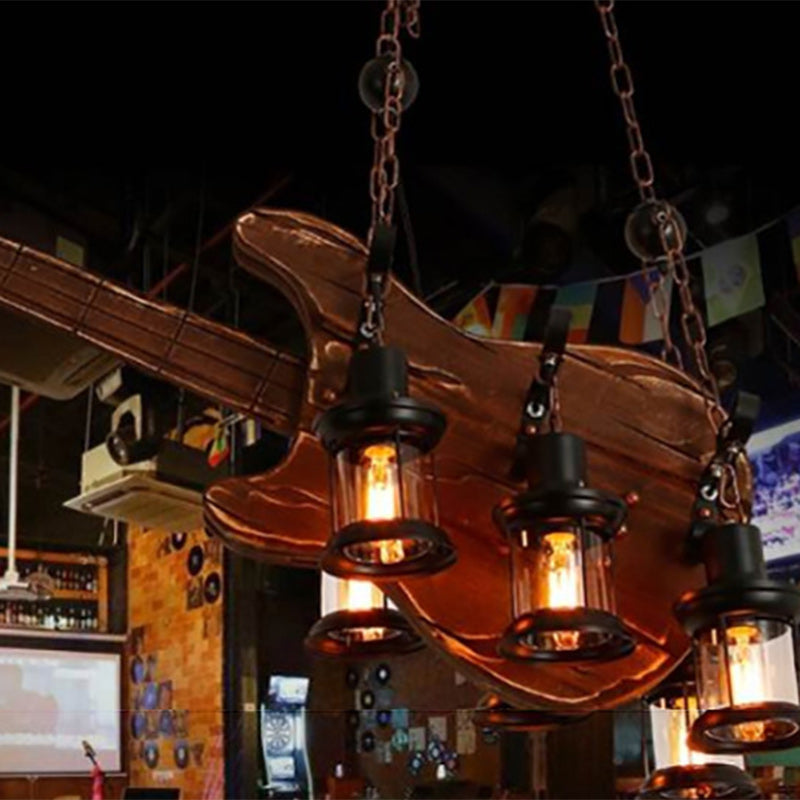 Contemporary Creative Guitar Shape Solid Wood Iron 6 - Light Chandelier For Dining Room