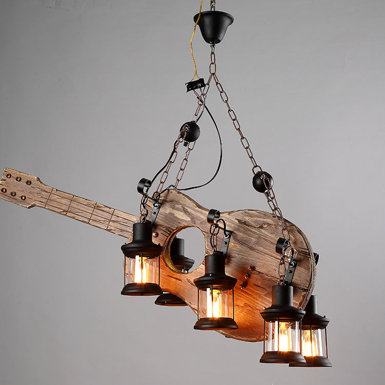 Contemporary Creative Guitar Shape Solid Wood Iron 6 - Light Chandelier For Dining Room