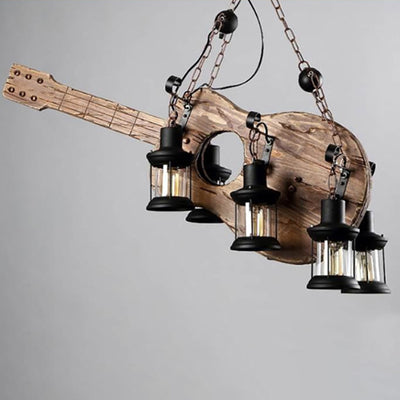Contemporary Creative Guitar Shape Solid Wood Iron 6 - Light Chandelier For Dining Room