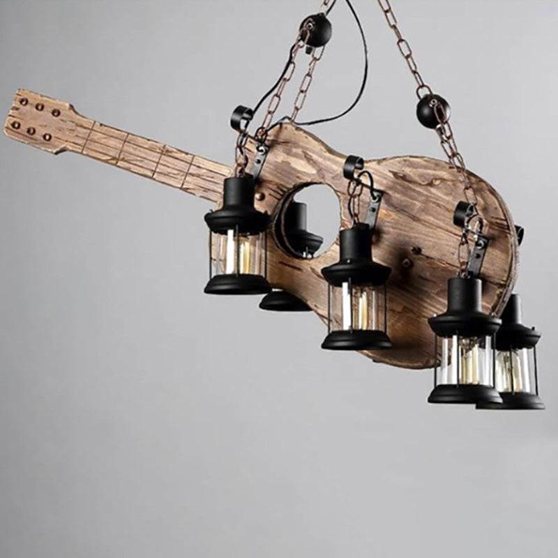 Contemporary Creative Guitar Shape Solid Wood Iron 6 - Light Chandelier For Dining Room