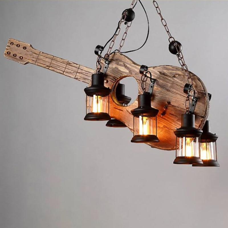 Contemporary Creative Guitar Shape Solid Wood Iron 6 - Light Chandelier For Dining Room