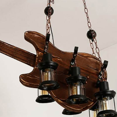 Contemporary Creative Guitar Shape Solid Wood Iron 6 - Light Chandelier For Dining Room