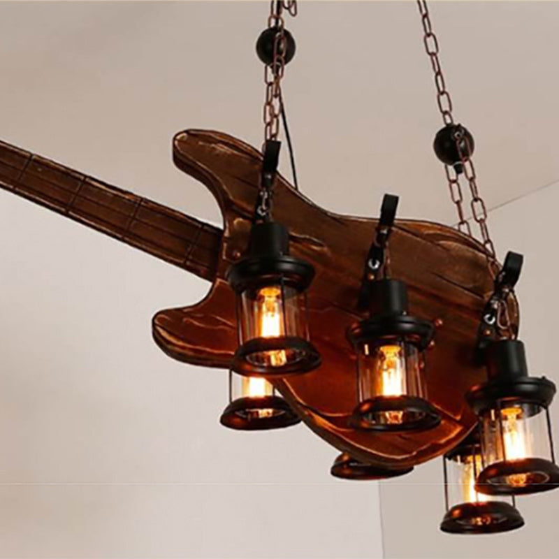Contemporary Creative Guitar Shape Solid Wood Iron 6 - Light Chandelier For Dining Room