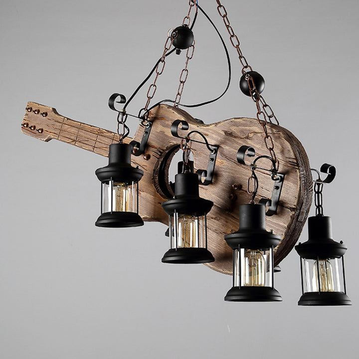 Contemporary Creative Guitar Shape Solid Wood Iron 6 - Light Chandelier For Dining Room