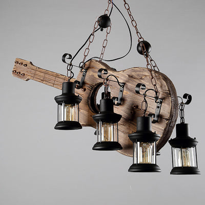Contemporary Creative Guitar Shape Solid Wood Iron 6 - Light Chandelier For Dining Room