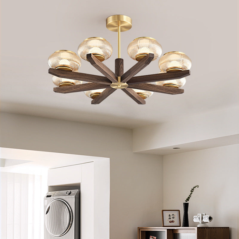 Zeitgenössischer Retro-Kuppel aus massivem Holz mit Glasschirm, Eisen-LED-Kronleuchter für das Wohnzimmer 