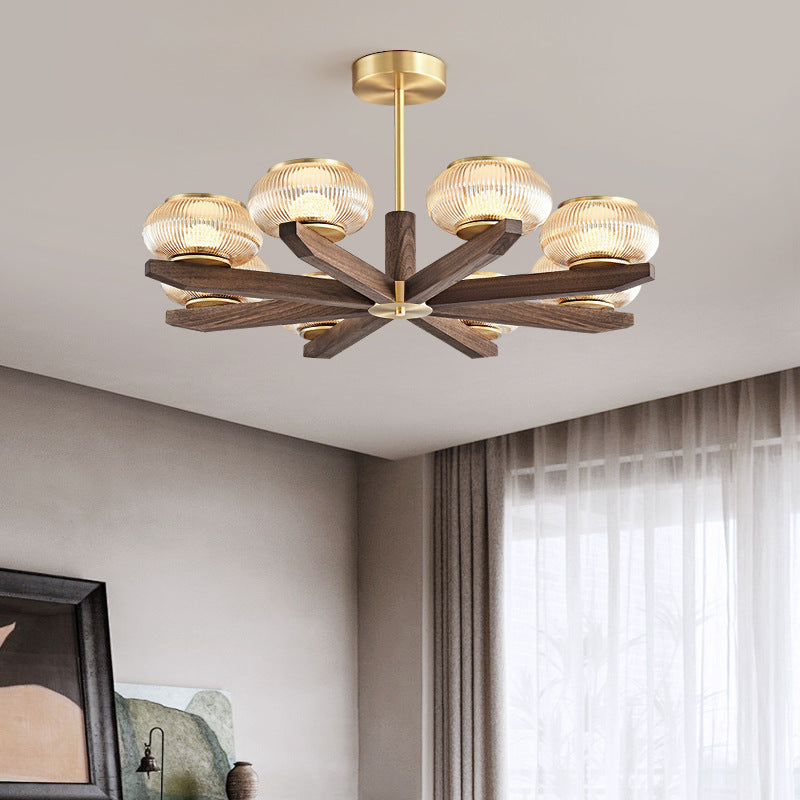 Zeitgenössischer Retro-Kuppel aus massivem Holz mit Glasschirm, Eisen-LED-Kronleuchter für das Wohnzimmer 