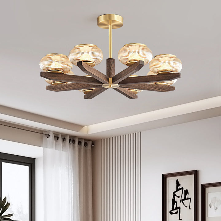 Zeitgenössischer Retro-Kuppel aus massivem Holz mit Glasschirm, Eisen-LED-Kronleuchter für das Wohnzimmer 