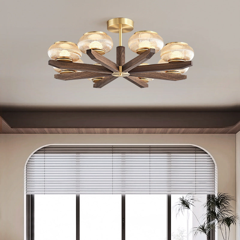 Zeitgenössischer Retro-Kuppel aus massivem Holz mit Glasschirm, Eisen-LED-Kronleuchter für das Wohnzimmer 
