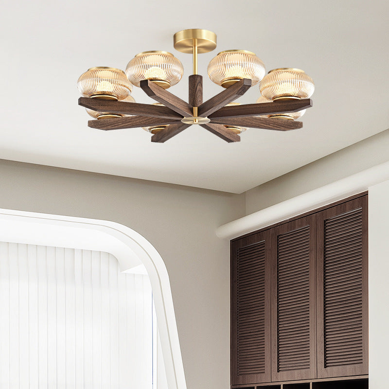 Zeitgenössischer Retro-Kuppel aus massivem Holz mit Glasschirm, Eisen-LED-Kronleuchter für das Wohnzimmer 