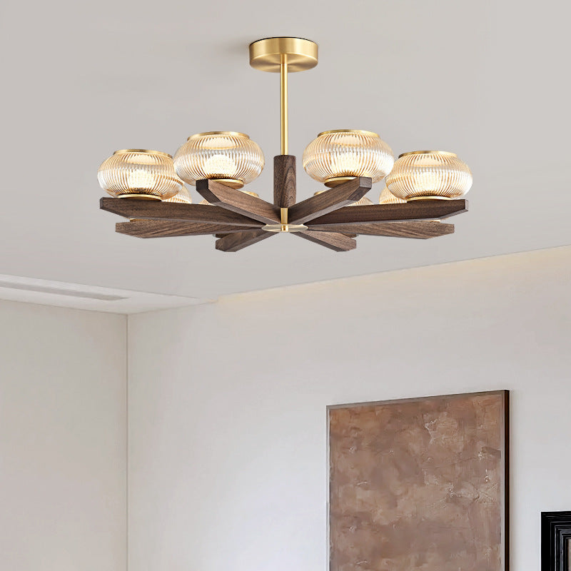 Zeitgenössischer Retro-Kuppel aus massivem Holz mit Glasschirm, Eisen-LED-Kronleuchter für das Wohnzimmer 