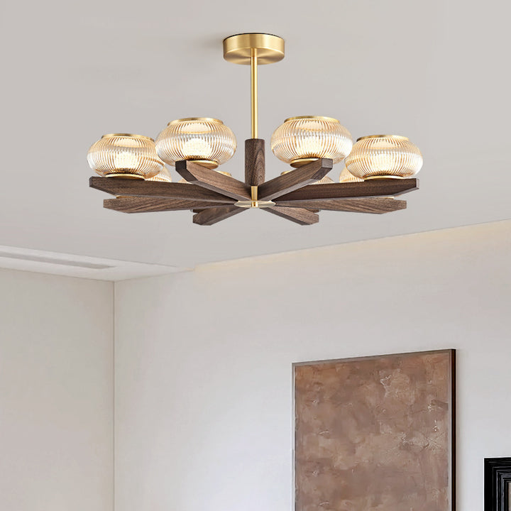 Zeitgenössischer Retro-Kuppel aus massivem Holz mit Glasschirm, Eisen-LED-Kronleuchter für das Wohnzimmer 