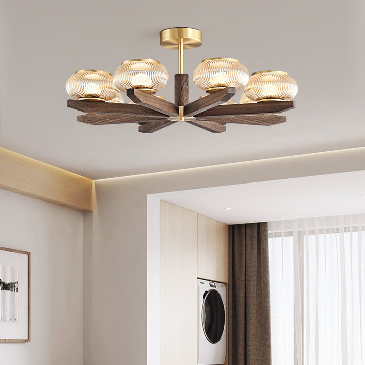 Zeitgenössischer Retro-Kuppel aus massivem Holz mit Glasschirm, Eisen-LED-Kronleuchter für das Wohnzimmer 