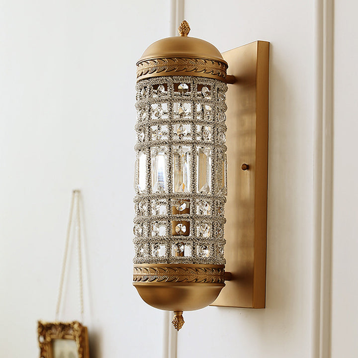 Traditionelle französische Zylinder-Eisen-Kristall-Lampenschirm 1 - Licht Wandleuchte für Wohnzimmer 