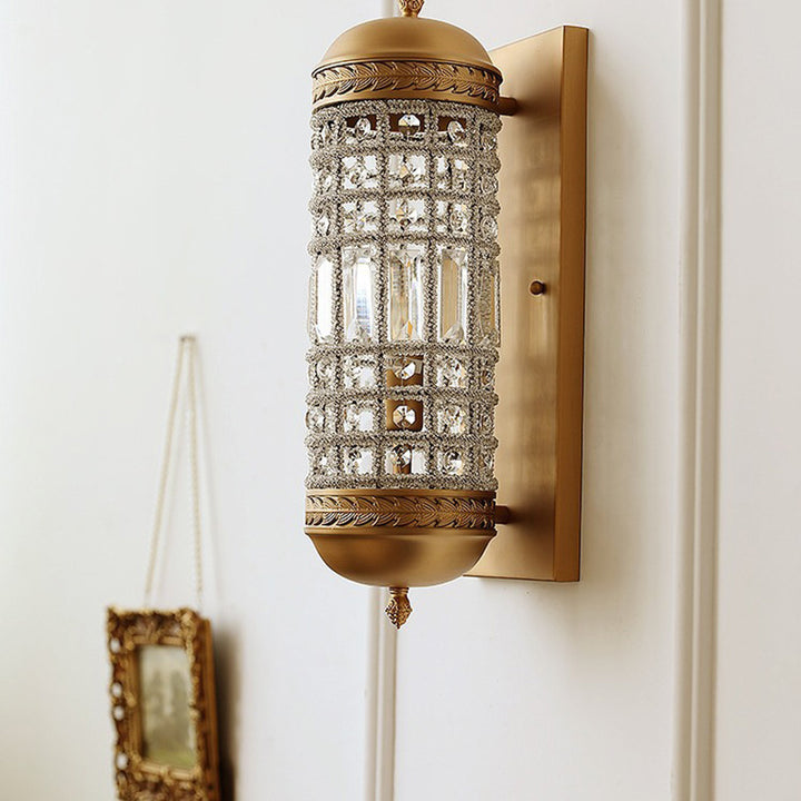 Traditionelle französische Zylinder-Eisen-Kristall-Lampenschirm 1 - Licht Wandleuchte für Wohnzimmer 