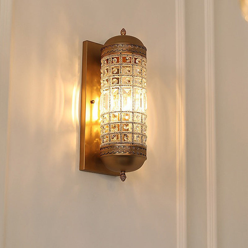 Traditionelle französische Zylinder-Eisen-Kristall-Lampenschirm 1 - Licht Wandleuchte für Wohnzimmer 