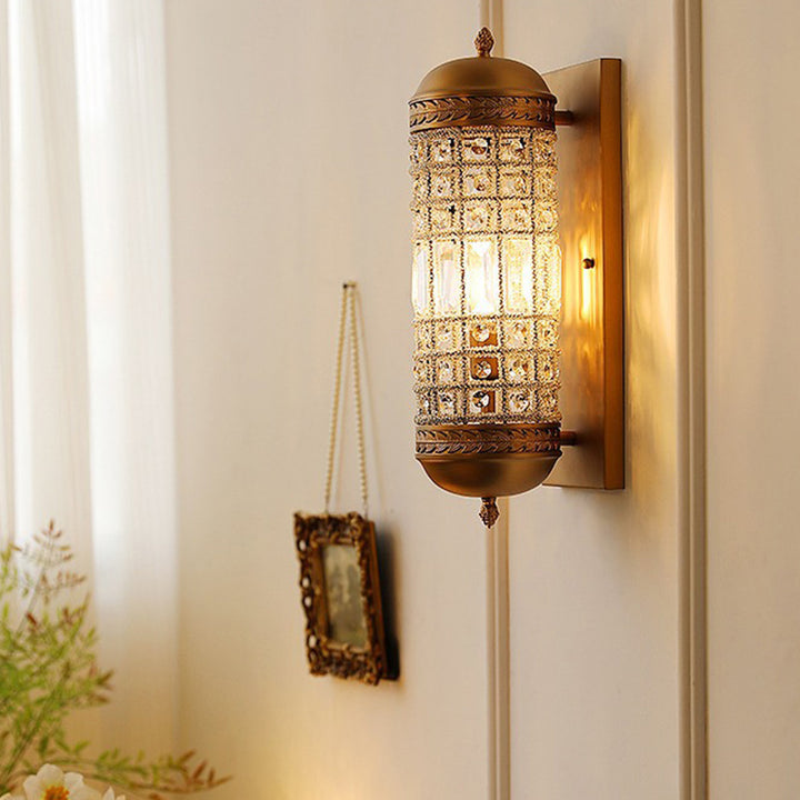 Pantalla de lámpara de cristal de hierro cilíndrico francés tradicional 1 - Aplique de pared con luz para sala de estar 