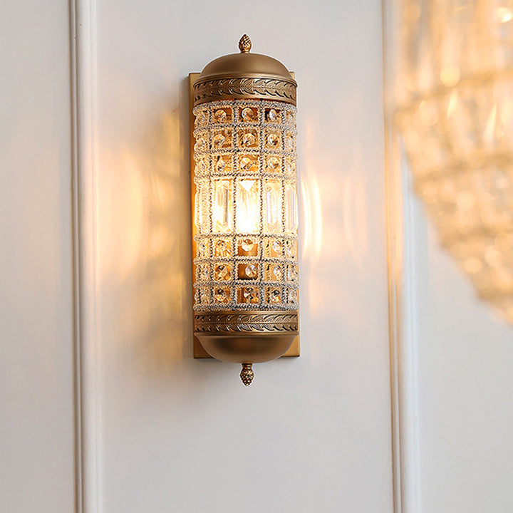 Traditionelle französische Zylinder-Eisen-Kristall-Lampenschirm 1 - Licht Wandleuchte für Wohnzimmer 