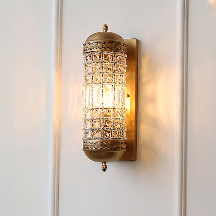 Pantalla de lámpara de cristal de hierro cilíndrico francés tradicional 1 - Aplique de pared con luz para sala de estar 