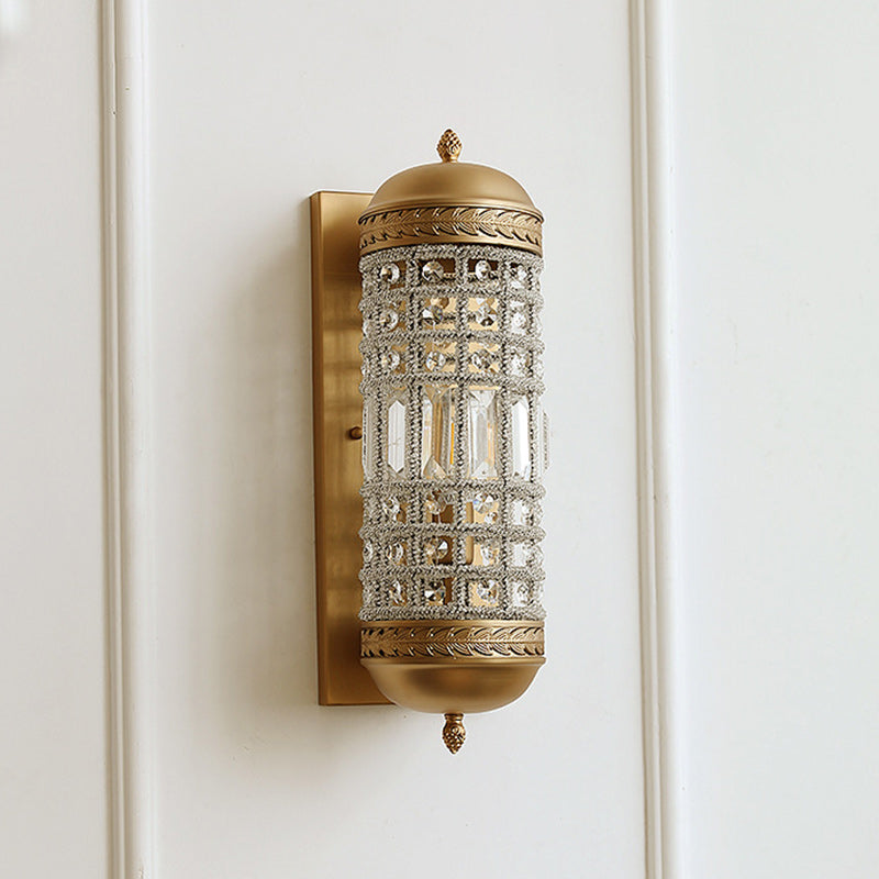 Traditionelle französische Zylinder-Eisen-Kristall-Lampenschirm 1 - Licht Wandleuchte für Wohnzimmer 