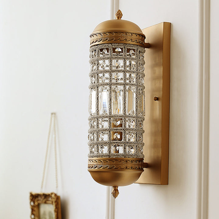 Traditionelle französische Zylinder-Eisen-Kristall-Lampenschirm 1 - Licht Wandleuchte für Wohnzimmer 