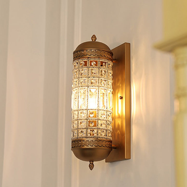 Pantalla de lámpara de cristal de hierro cilíndrico francés tradicional 1 - Aplique de pared con luz para sala de estar 