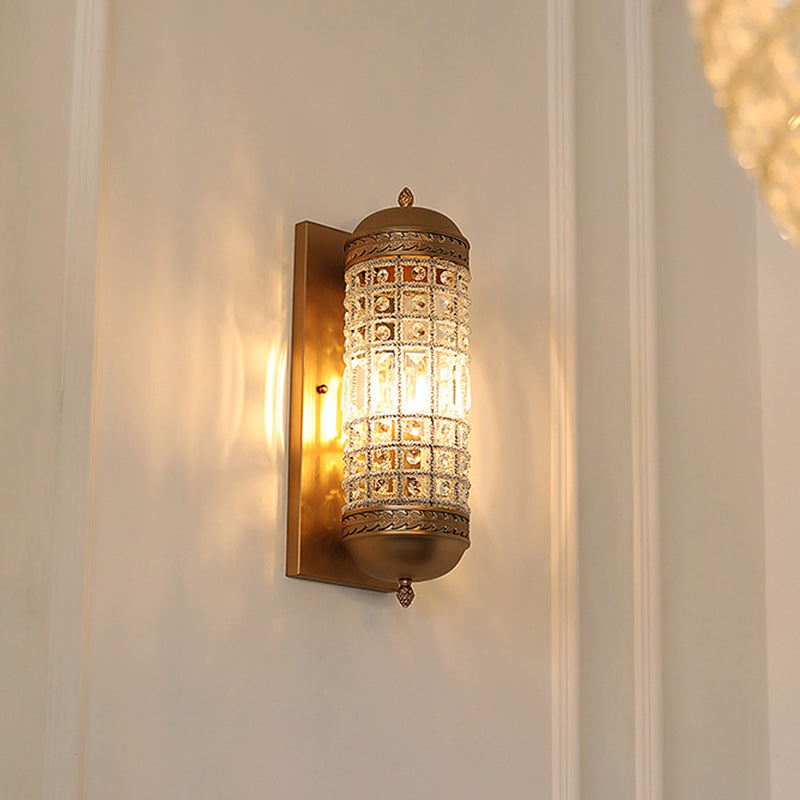 Traditionelle französische Zylinder-Eisen-Kristall-Lampenschirm 1 - Licht Wandleuchte für Wohnzimmer 
