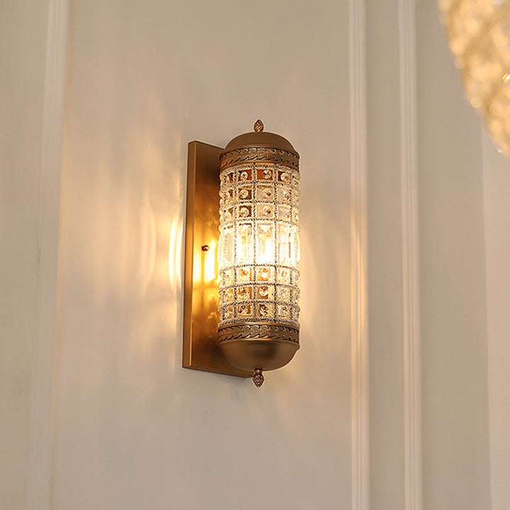 Traditionelle französische Zylinder-Eisen-Kristall-Lampenschirm 1 - Licht Wandleuchte für Wohnzimmer 