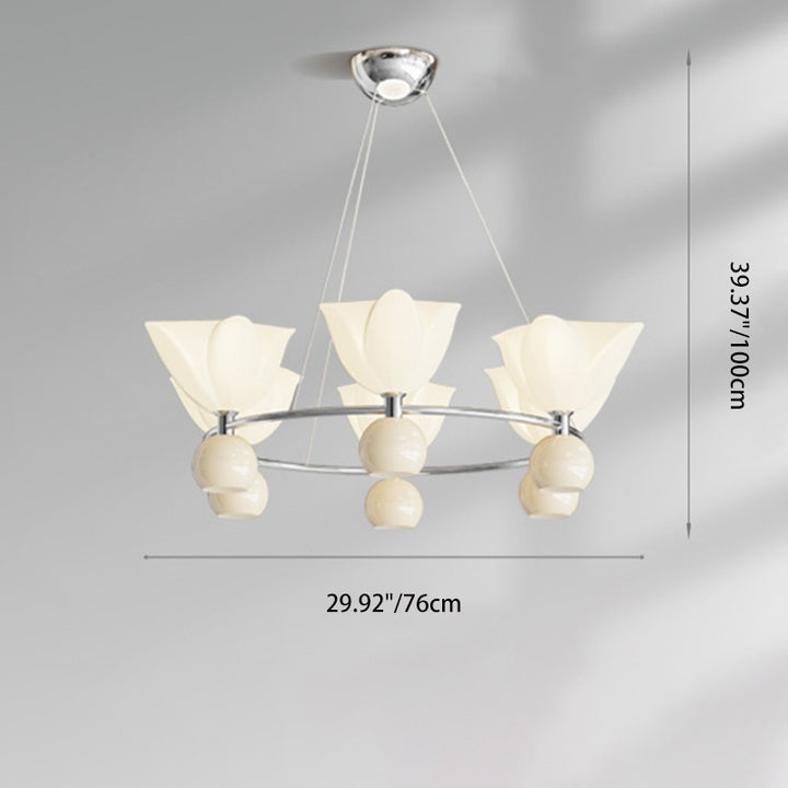 Zeitgenössischer nordischer Creme Blumen Runde Kugel Aluminium PC Hardware LED Kronleuchter für Wohnzimmer 