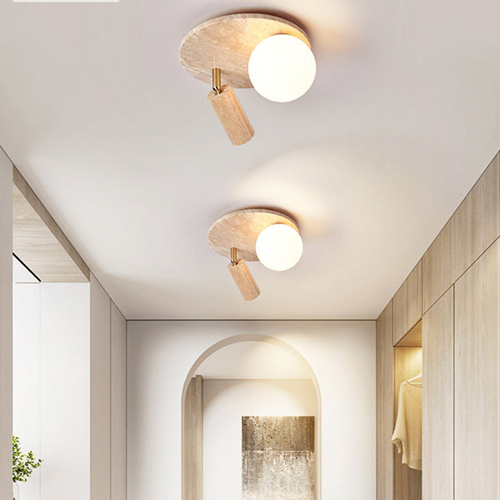 Traditionelle japanische runde gelbe Travertin-Massivholz-Glaslampenschirm 2 - Licht Semi-Flush-Mount-Licht für Flure 