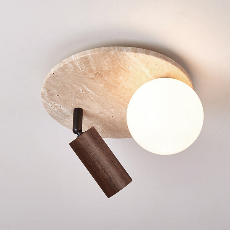 Traditionelle japanische runde gelbe Travertin-Massivholz-Glaslampenschirm 2 - Licht Semi-Flush-Mount-Licht für Flure 
