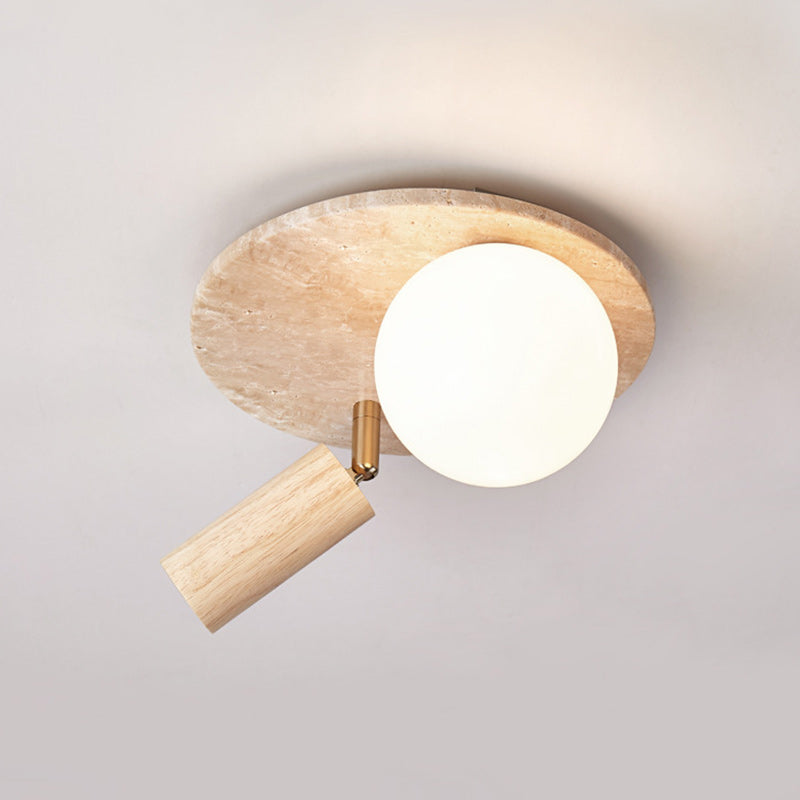 Traditionelle japanische runde gelbe Travertin-Massivholz-Glaslampenschirm 2 - Licht Semi-Flush-Mount-Licht für Flure 