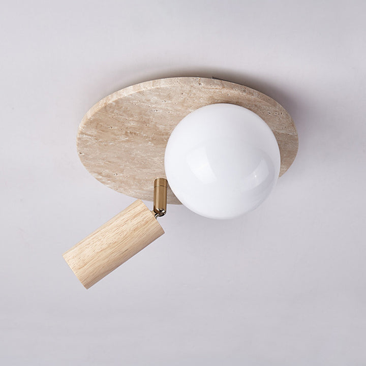 Traditionelle japanische runde gelbe Travertin-Massivholz-Glaslampenschirm 2 - Licht Semi-Flush-Mount-Licht für Flure 