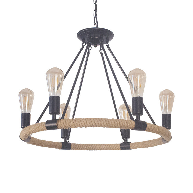 Lustre traditionnel de ferme ronde en corde de chanvre et matériel en fer 6/8 - Lustres pour salle à manger 