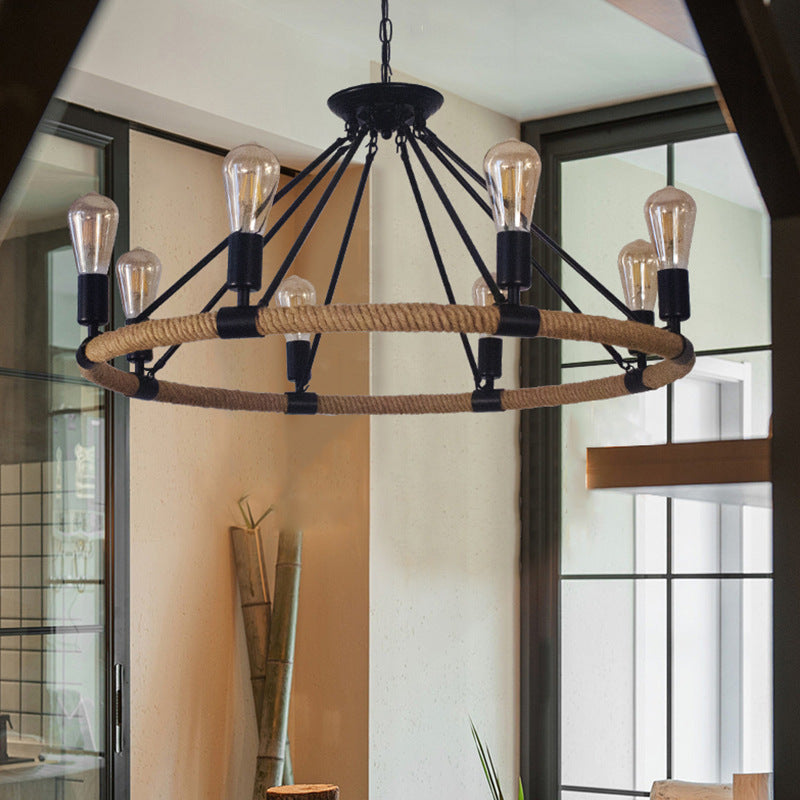 Traditionelles Bauernhaus Rundes Hanfseil Eisenbeschläge 6/8 - Licht Kronleuchter für Esszimmer 