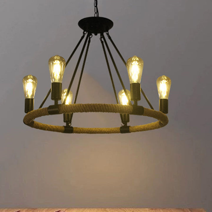 Lustre traditionnel de ferme ronde en corde de chanvre et matériel en fer 6/8 - Lustres pour salle à manger 
