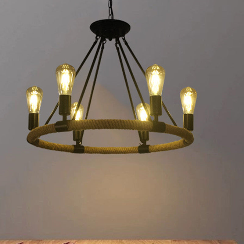 Traditionelles Bauernhaus Rundes Hanfseil Eisenbeschläge 6/8 - Licht Kronleuchter für Esszimmer 