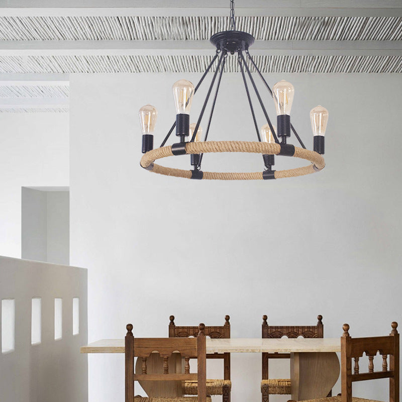 Traditionelles Bauernhaus Rundes Hanfseil Eisenbeschläge 6/8 - Licht Kronleuchter für Esszimmer 
