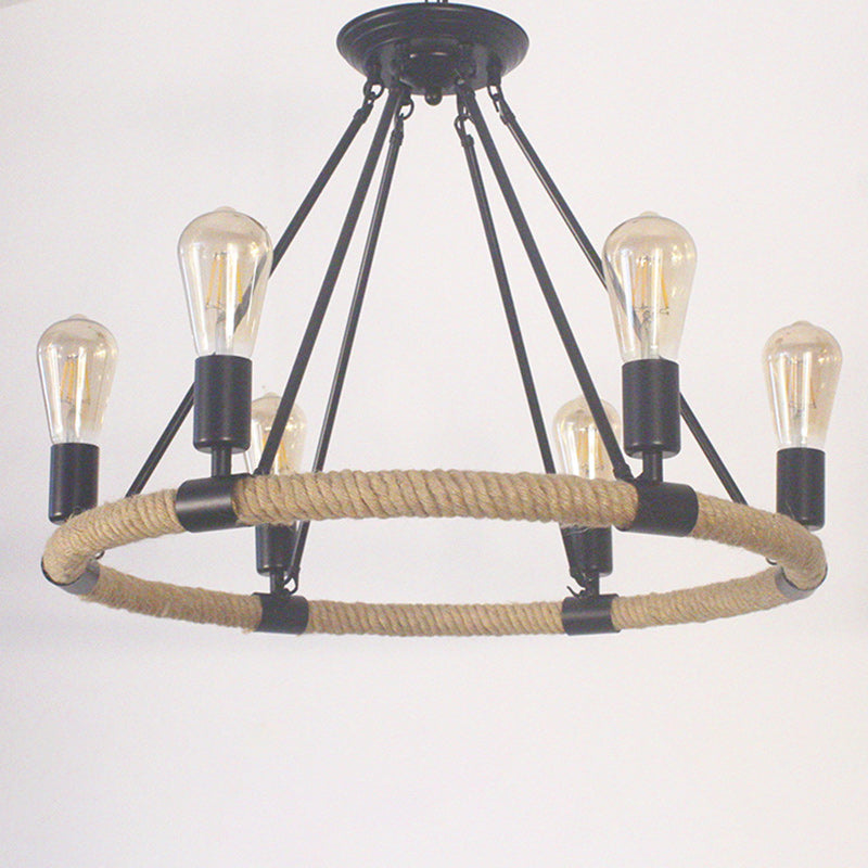 Lustre traditionnel de ferme ronde en corde de chanvre et matériel en fer 6/8 - Lustres pour salle à manger 
