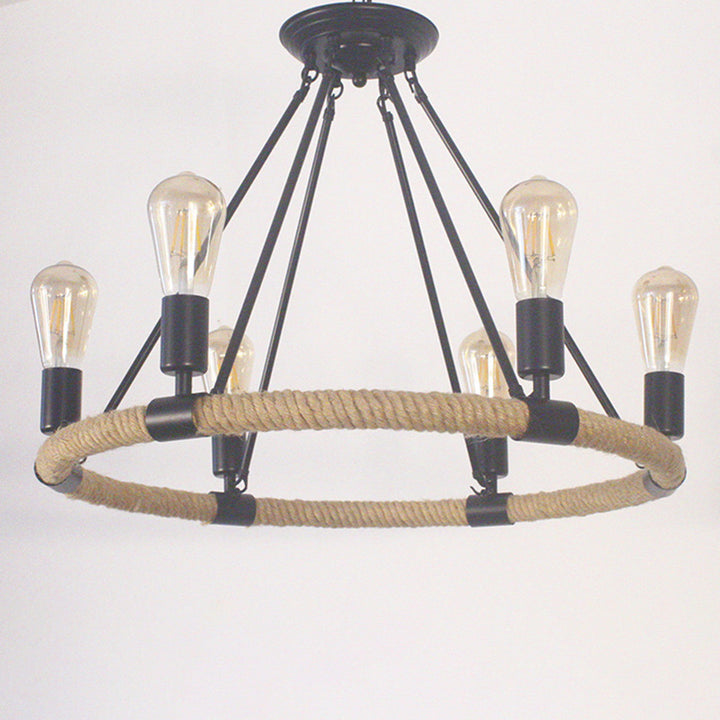 Lustre traditionnel de ferme ronde en corde de chanvre et matériel en fer 6/8 - Lustres pour salle à manger 