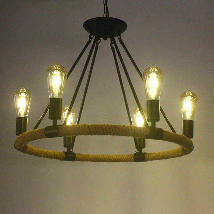 Lustre traditionnel de ferme ronde en corde de chanvre et matériel en fer 6/8 - Lustres pour salle à manger 