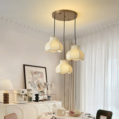 Traditional French Petal Shape Fabric Floral Print Lampshade Iron 1/3 - Light Chandelier For Dining Room