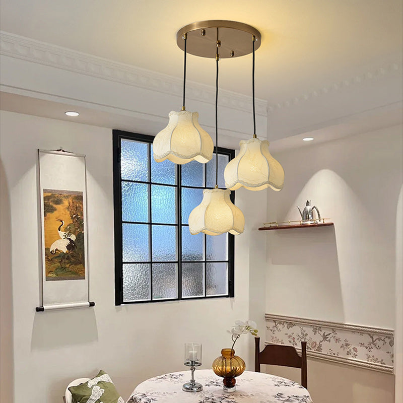 Traditional French Petal Shape Fabric Floral Print Lampshade Iron 1/3 - Light Chandelier For Dining Room