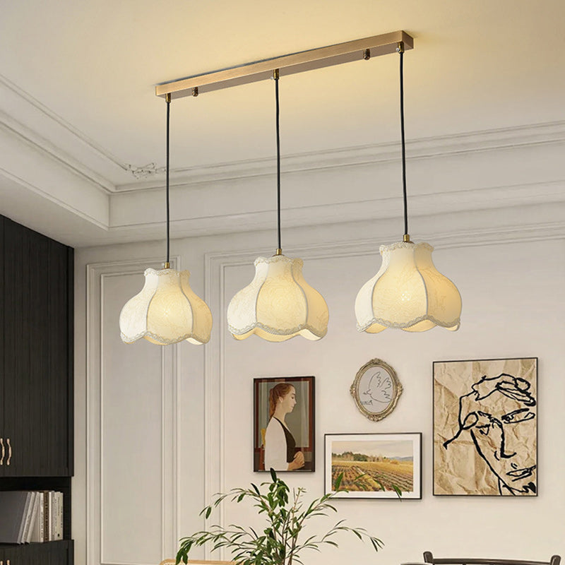 Traditional French Petal Shape Fabric Floral Print Lampshade Iron 1/3 - Light Chandelier For Dining Room
