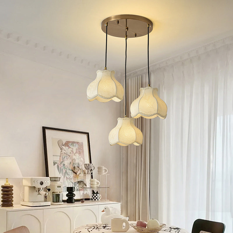 Traditional French Petal Shape Fabric Floral Print Lampshade Iron 1/3 - Light Chandelier For Dining Room