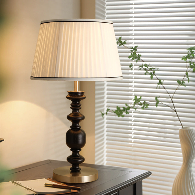 Traditional French Umbrella Shape Fabric Lampshade Solid Wood Base Hardware 1 - Light Table Lamp For Living Room