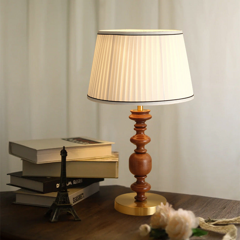 Traditional French Umbrella Shape Fabric Lampshade Solid Wood Base Hardware 1 - Light Table Lamp For Living Room